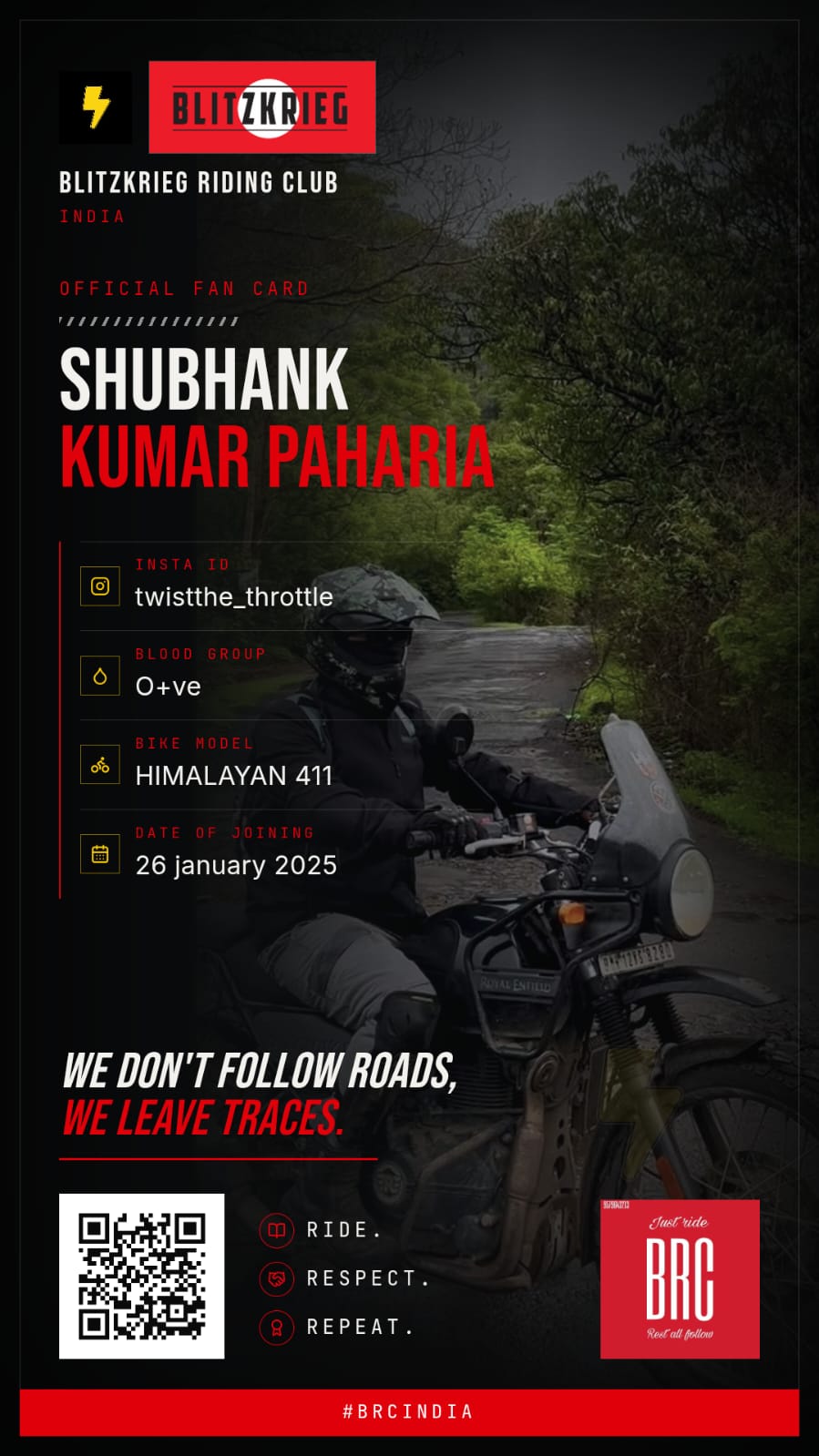BRC fan card of Shubhank Kumar Paharia