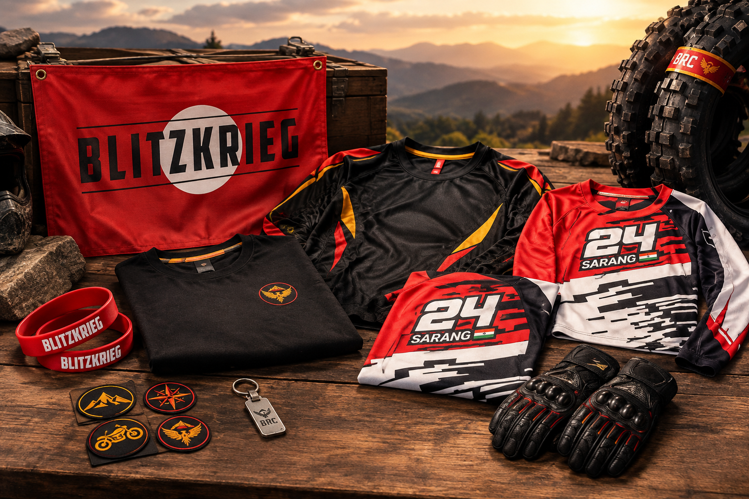 Black motorcycle club jerseys, T-shirt, gloves, stickers and accessories