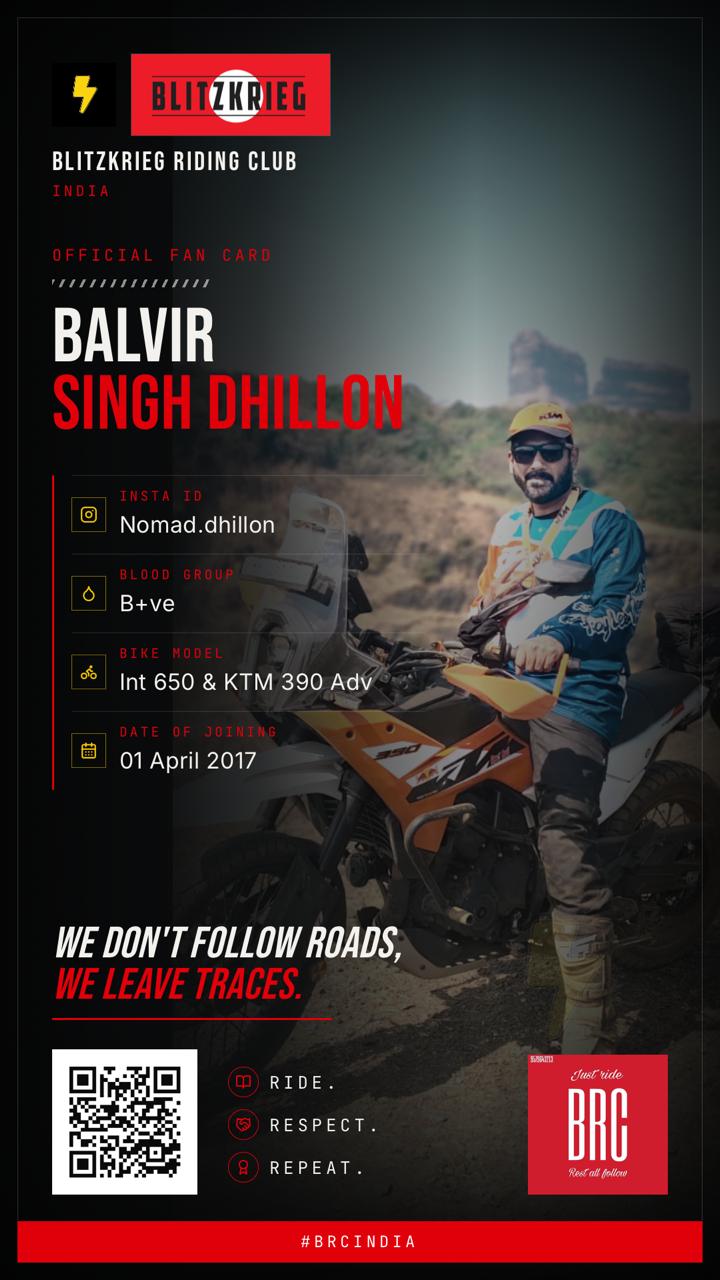 BRC fan card of Balvir Singh Dhillon